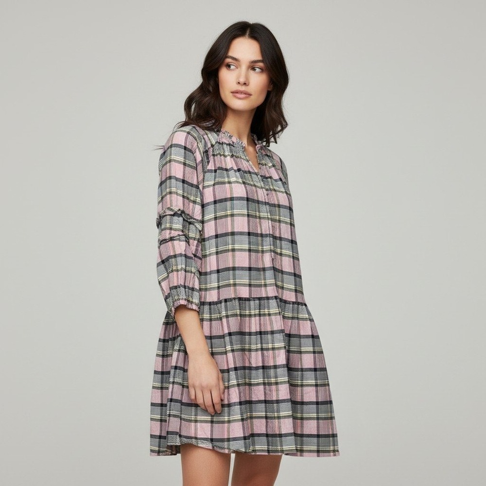 Apiece Apart Pink Plaid Tiered Cotton Mini Dress Size XS 3/4 Sleeve Ruffle Neck